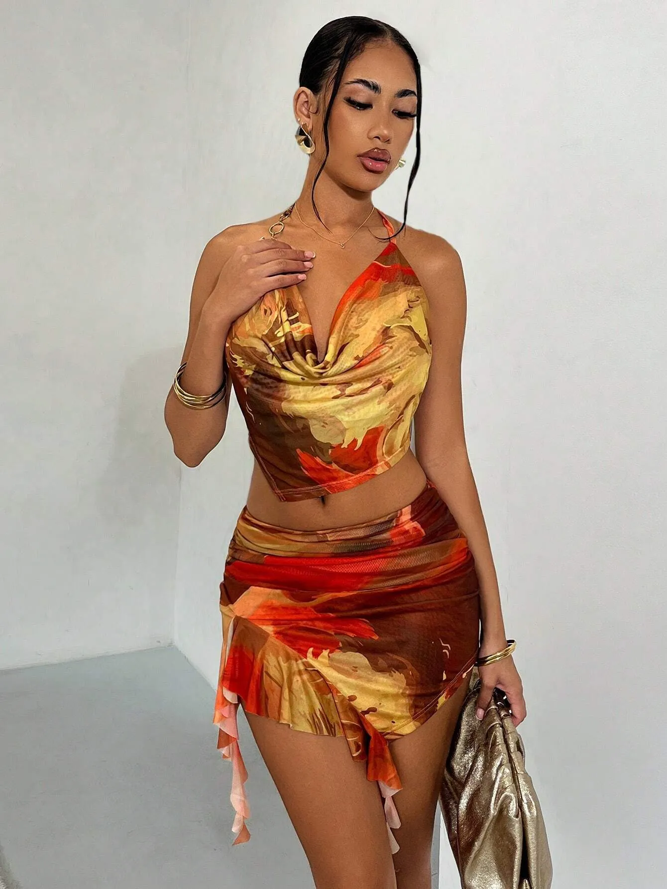 2pcs Sexy Flame Print Crop Top And Mini Skirt Clubwear Set For Women
