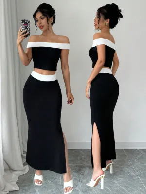2pcs/Set Black And White Contrast Color Knit Elastic Top And Skirt Set, Off-Shoulder Top   Mini Skirt