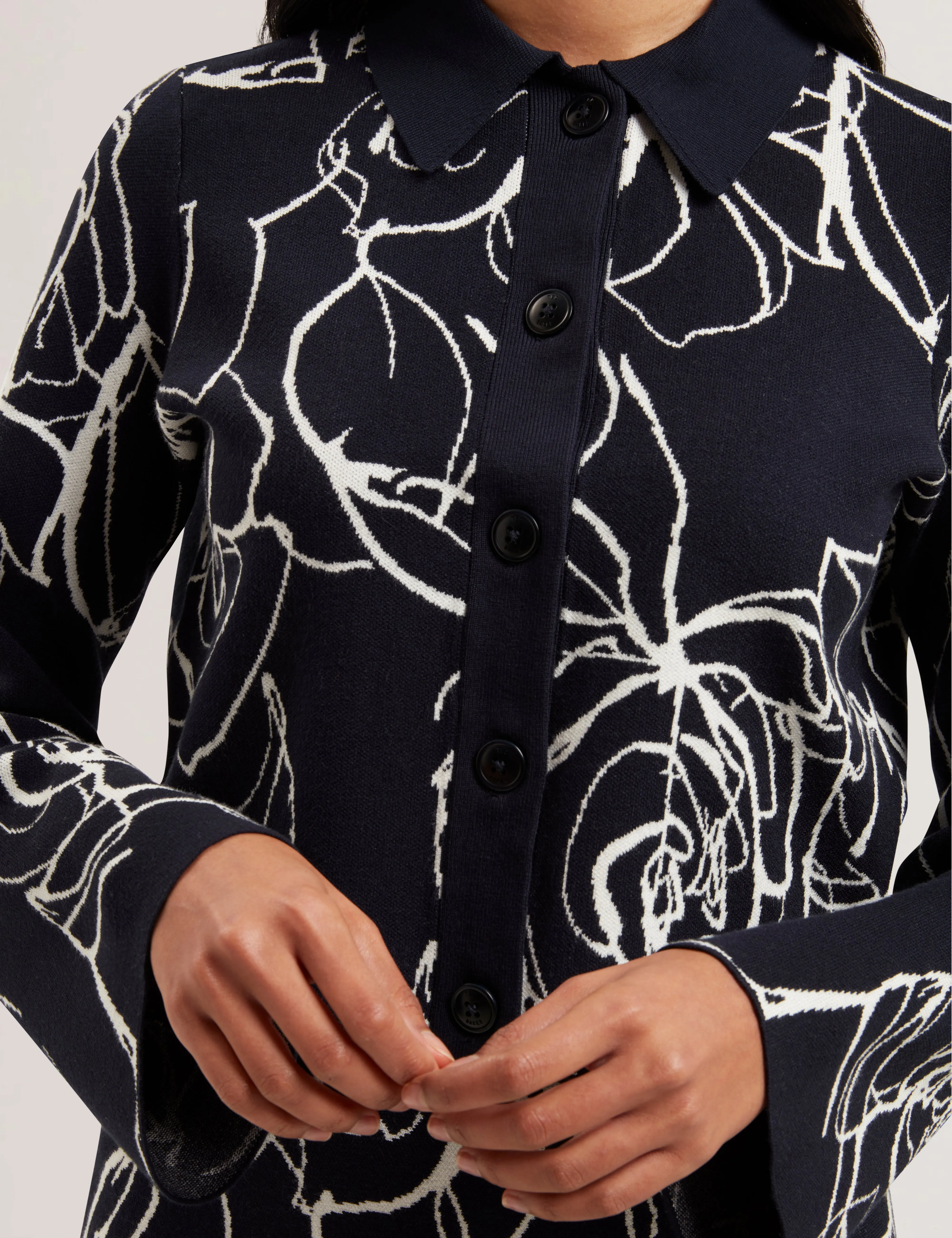 Ameliha Knitted Jacquard Collared Cardigan Navy