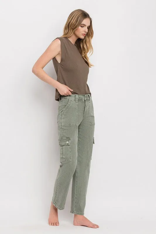 Army Green High Rise Cargo Straight Jeans