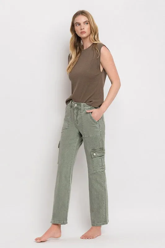 Army Green High Rise Cargo Straight Jeans