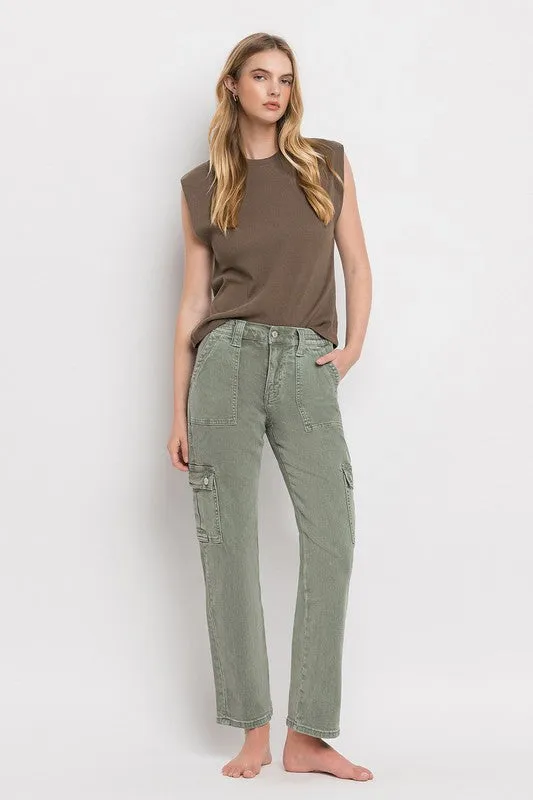 Army Green High Rise Cargo Straight Jeans