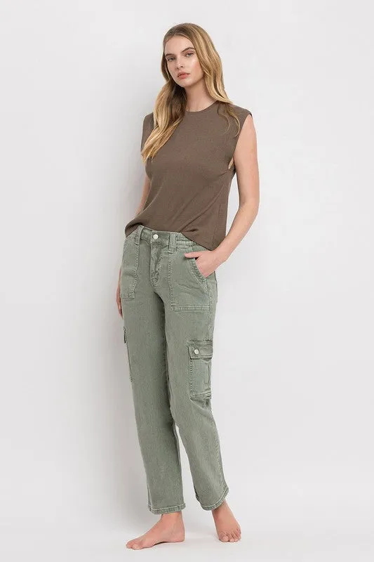 Army Green High Rise Cargo Straight Jeans