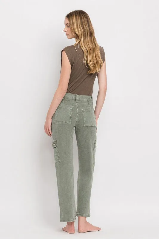 Army Green High Rise Cargo Straight Jeans