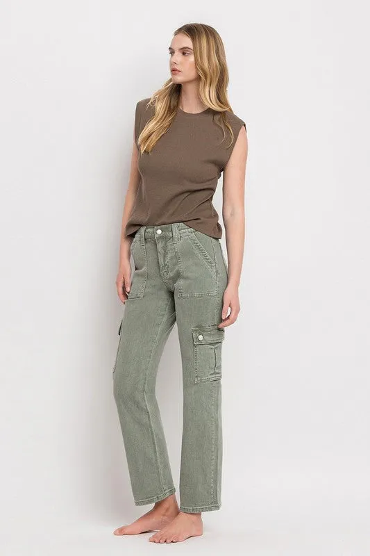 Army Green High Rise Cargo Straight Jeans