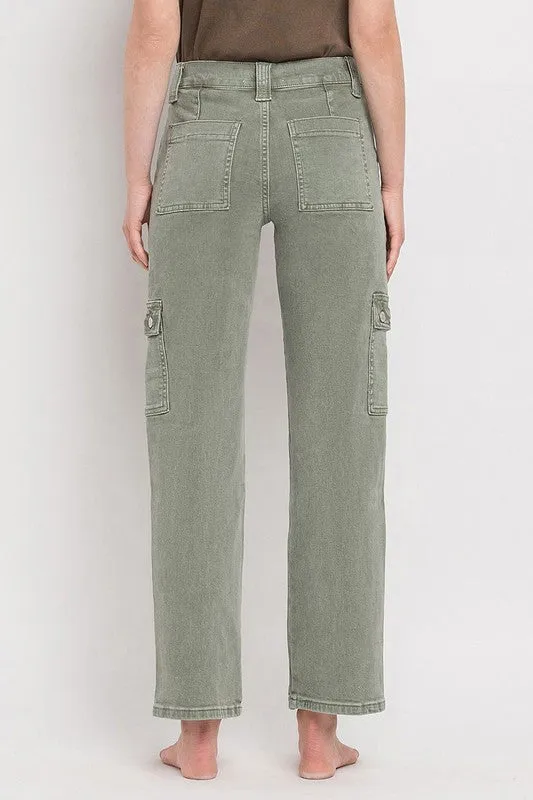Army Green High Rise Cargo Straight Jeans
