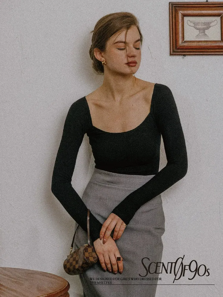 Black Square Neck Knitted Top