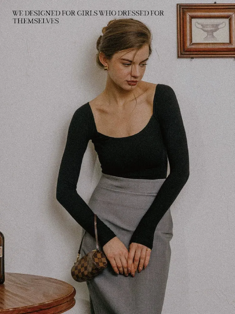 Black Square Neck Knitted Top