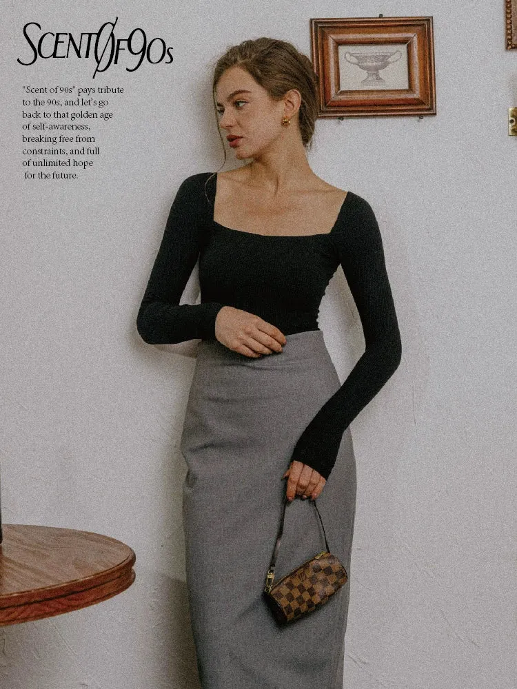 Black Square Neck Knitted Top