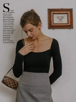 Black Square Neck Knitted Top