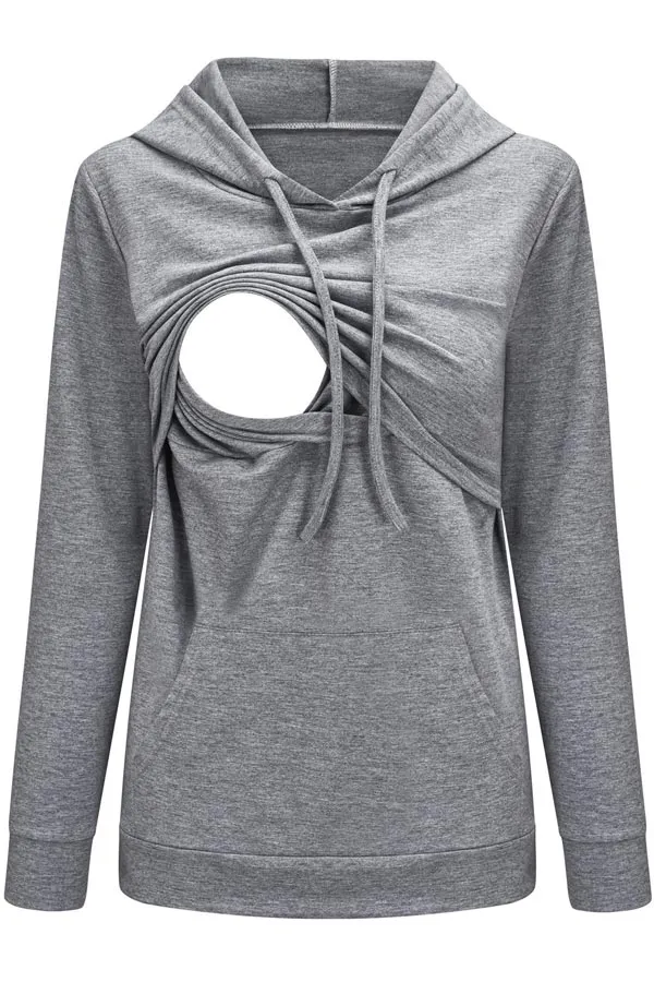 Breastfeeding Hooded Sweater Solid Color Comfortable Long-Sleeved Top