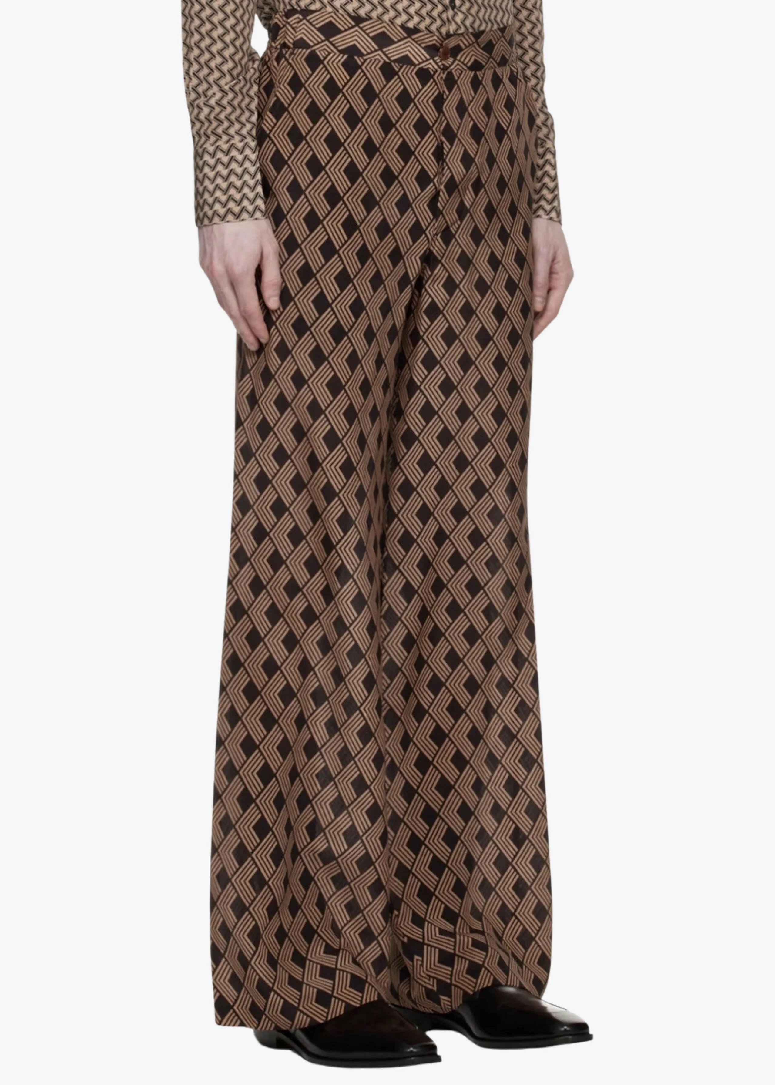 CAMEL/CHOCOLATE GEOMETRIC PRINT SILK TROUSERS