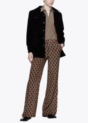 CAMEL/CHOCOLATE GEOMETRIC PRINT SILK TROUSERS