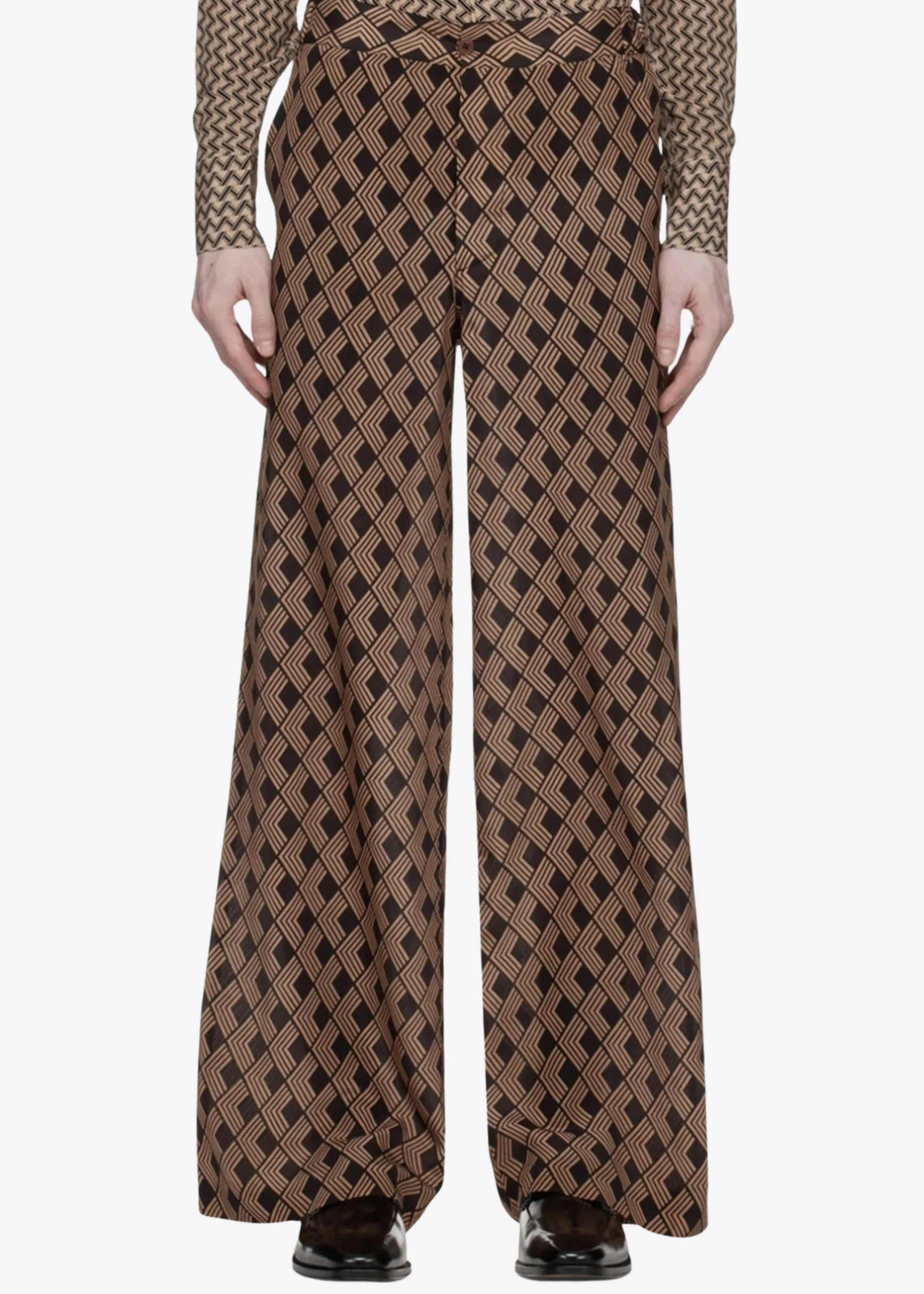 CAMEL/CHOCOLATE GEOMETRIC PRINT SILK TROUSERS
