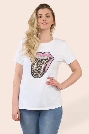 Crystal Pearl Embellished Leopard Lips T-Shirt (2P.PACK: S/M L/XL)