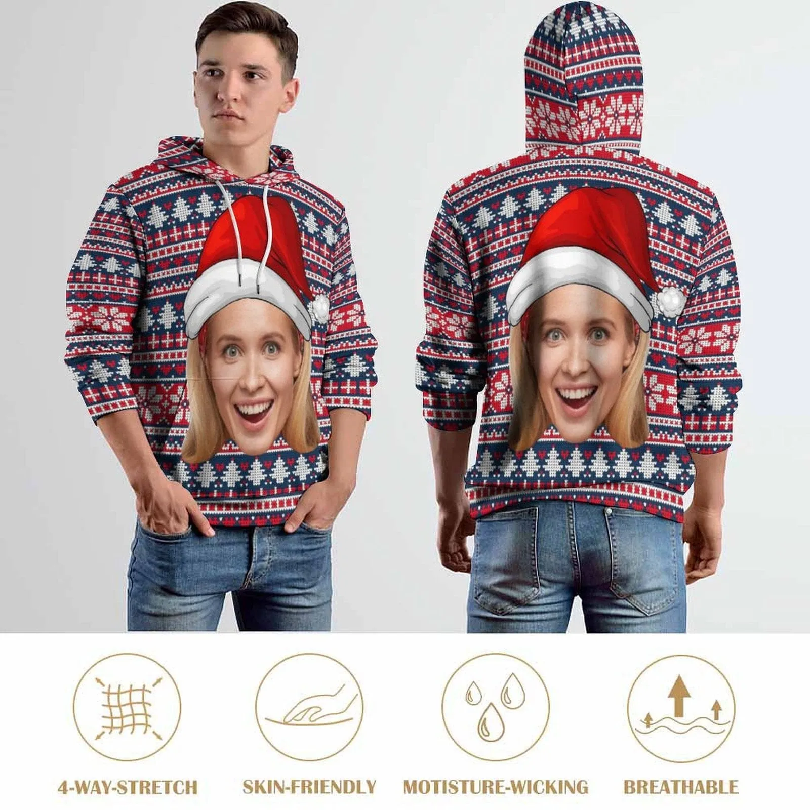 Custom Big Face Ugly Christmas Tree Red Hat Hoodie Unisex Personalized Loose Hoodie Top Outfits