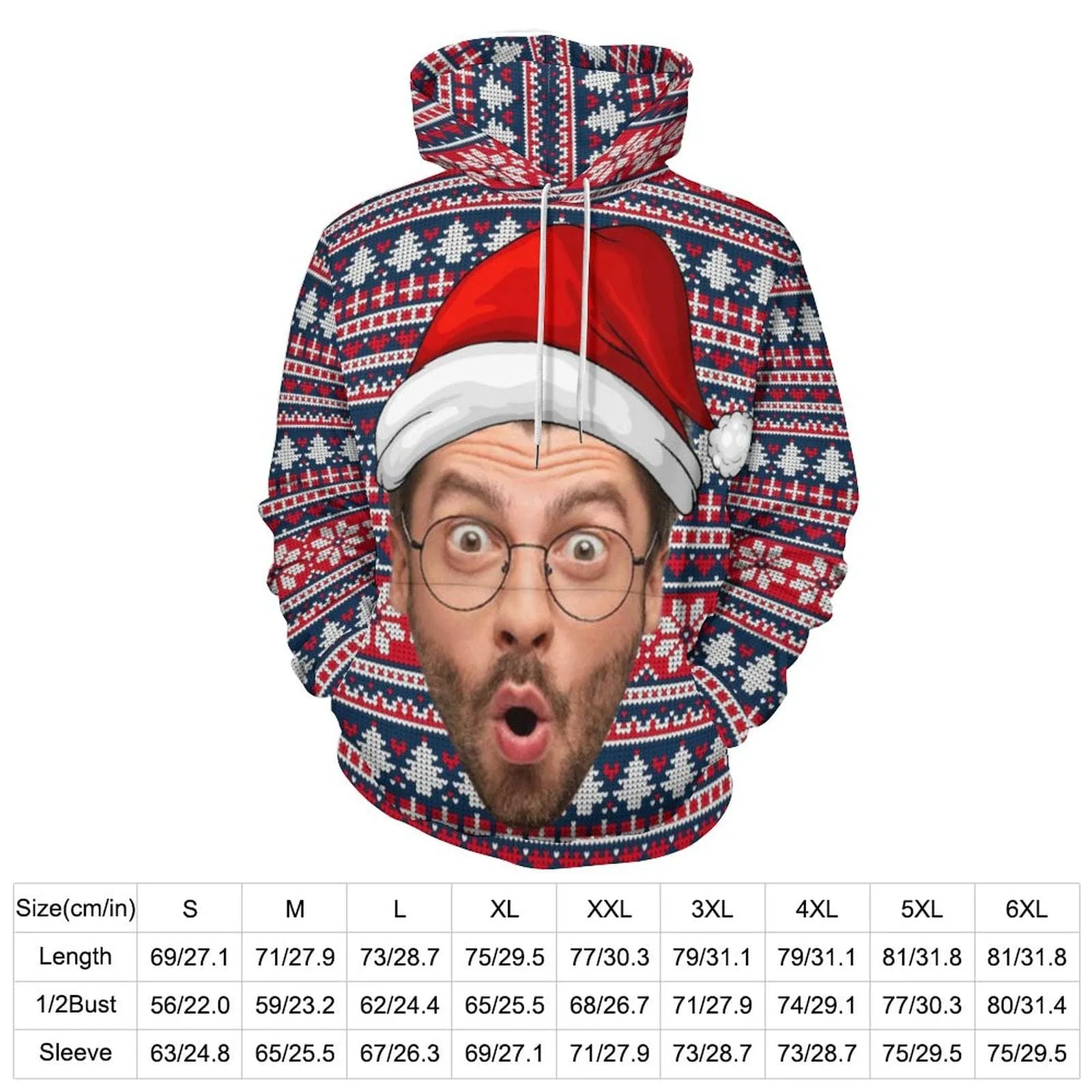Custom Big Face Ugly Christmas Tree Red Hat Hoodie Unisex Personalized Loose Hoodie Top Outfits