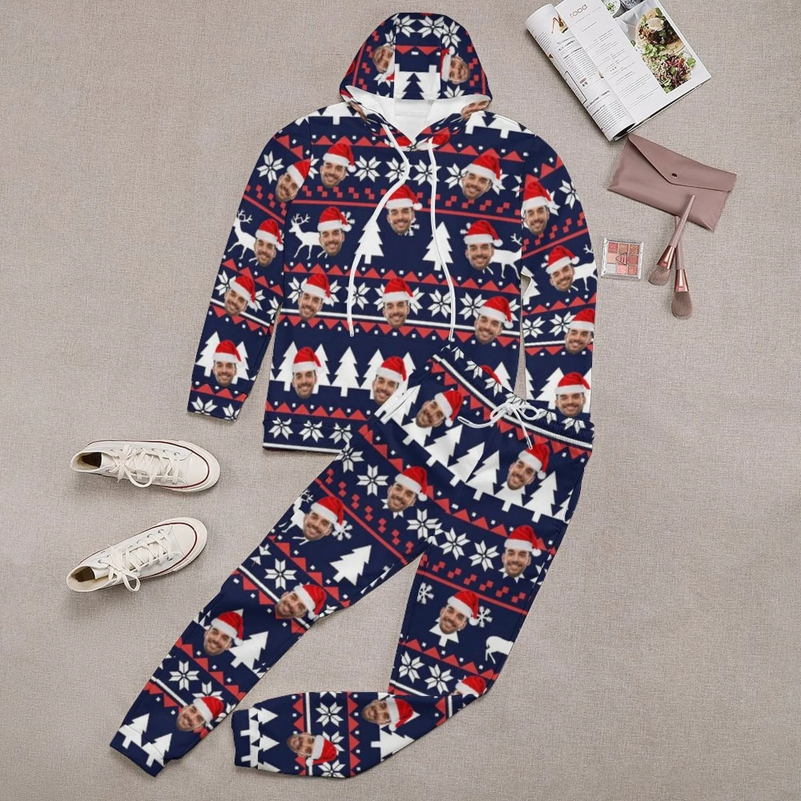 Custom Faces Christmas Blue Hoodie Sweatpant Set Personalized Unisex Loose Hoodie Top Outfits