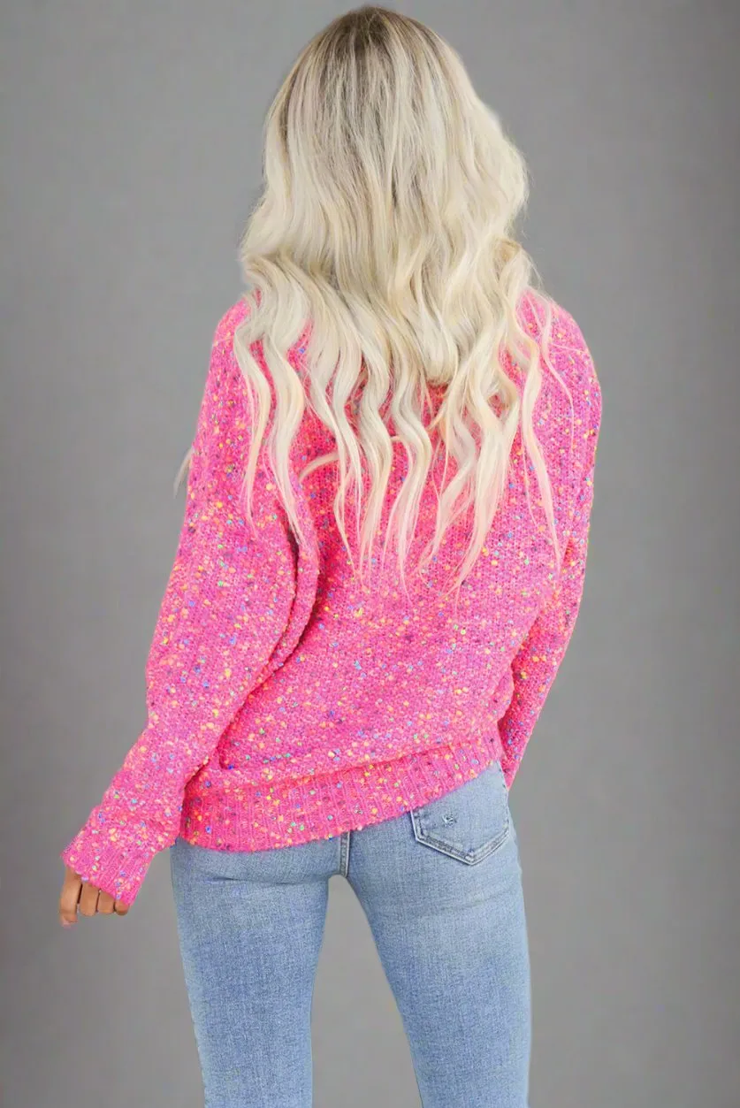 Dark Pink Colorful Spot Confetti Knitted V-Neck Casual Sweater