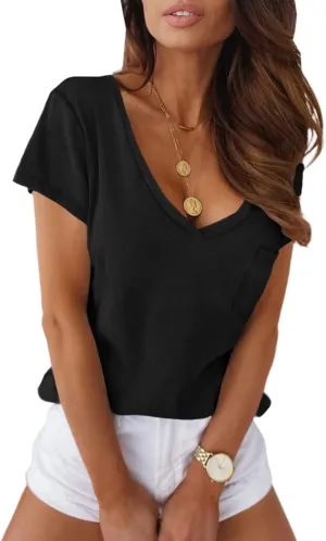 Eurivicy Women's Shirts Summer V-Neck Short Sleeve T-Shirts Casual Basic Plain Tee Tops with Pocket