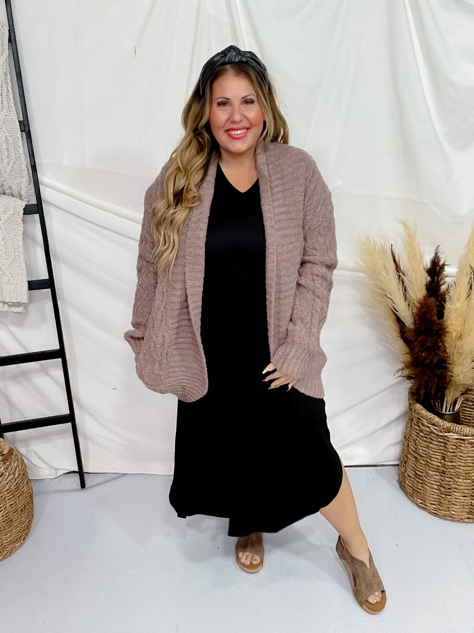 Fluffy Cable Knit Mocha Cardigan FINAL SALE