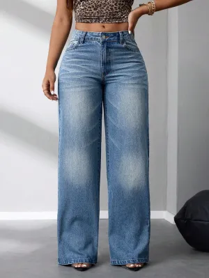 Front Button Pocket Straight Leg Jeans