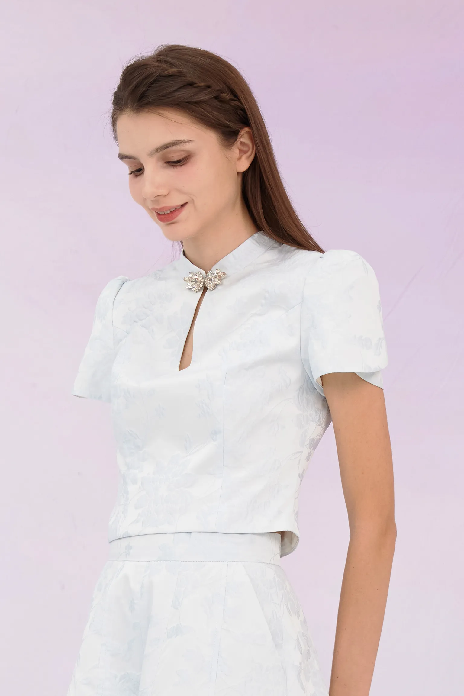 Gwenda Blue Jacquard Mandarin Collar Top