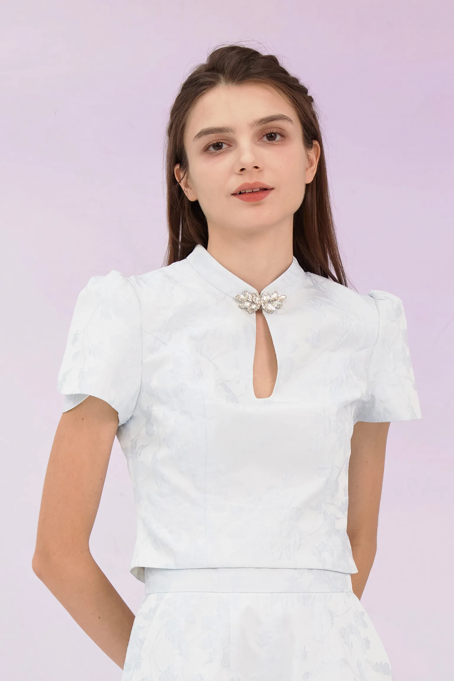 Gwenda Blue Jacquard Mandarin Collar Top