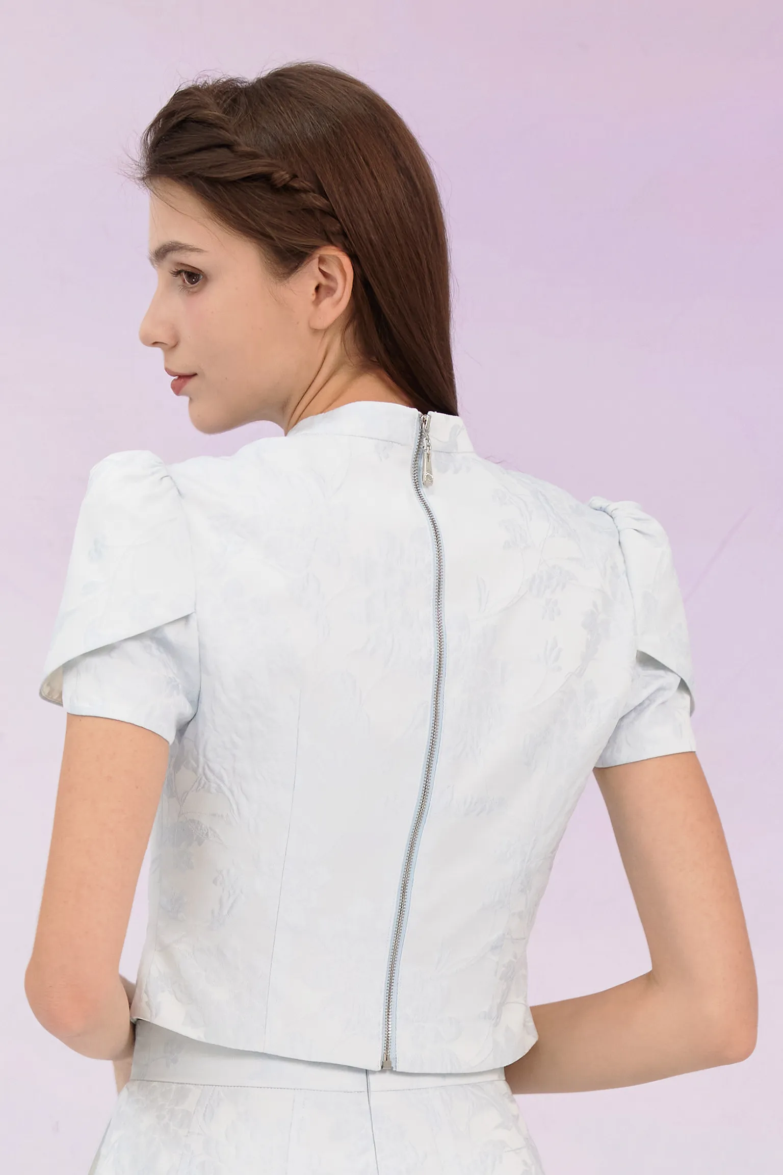 Gwenda Blue Jacquard Mandarin Collar Top