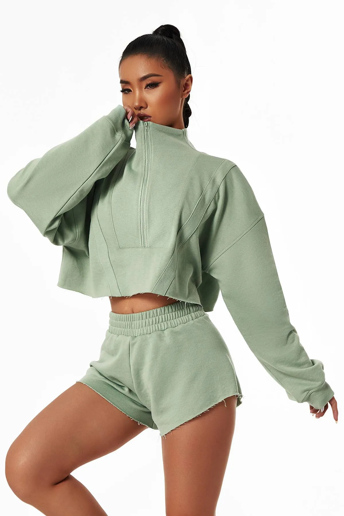 Half-Zip Cropped Sweatshirt Relaxed Fit
