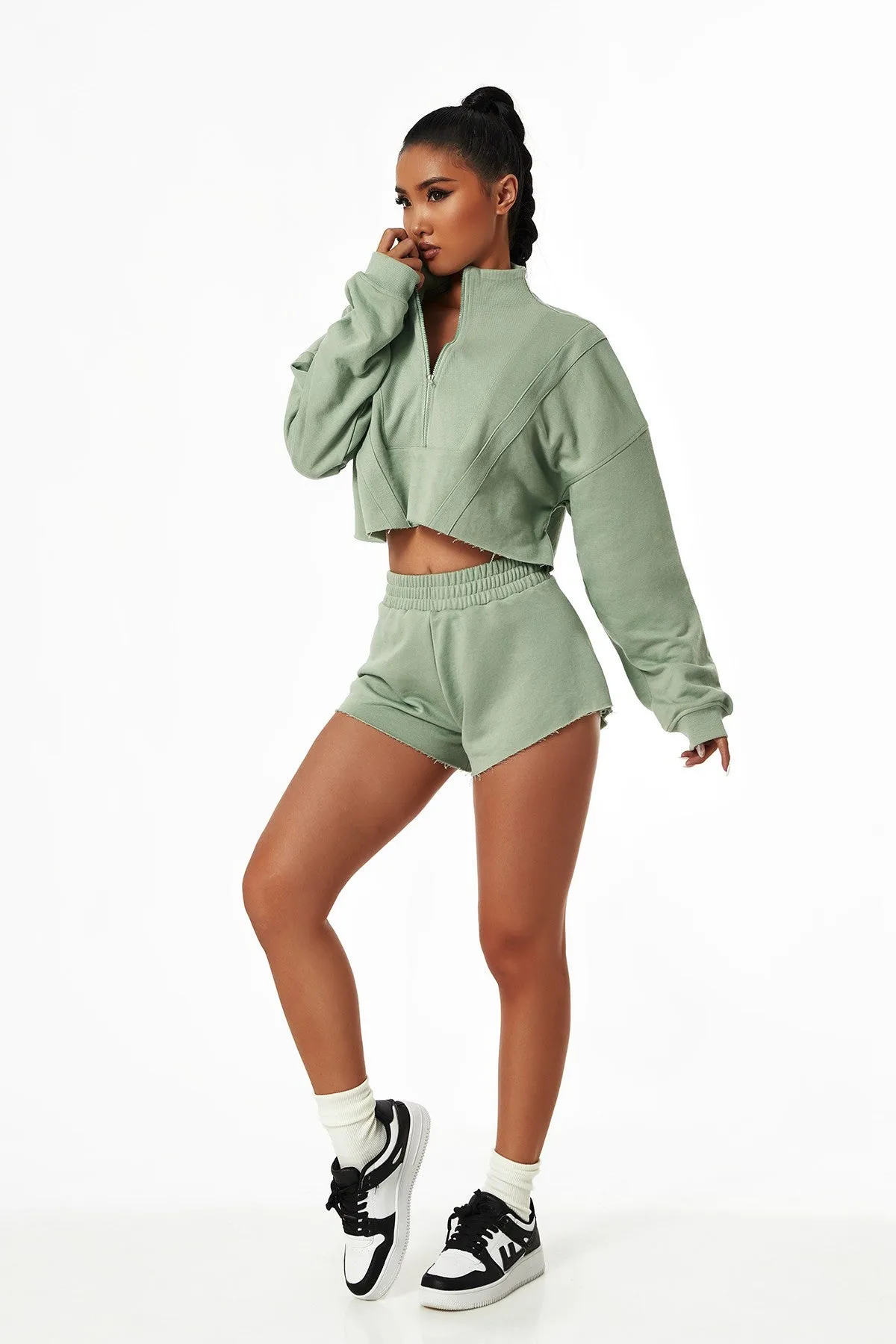 Half-Zip Cropped Sweatshirt Relaxed Fit