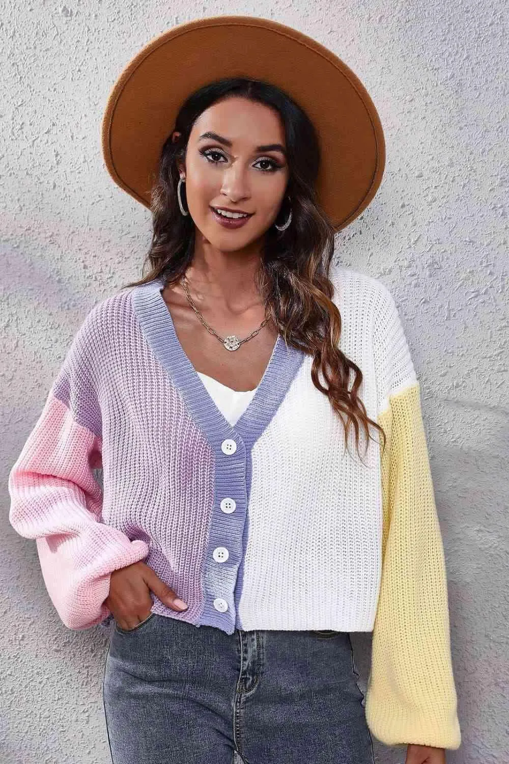 Jazzy Ribbed Knit Buttoned Color Block Cardigan