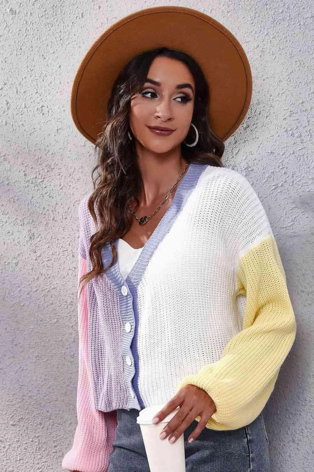 Jazzy Ribbed Knit Buttoned Color Block Cardigan