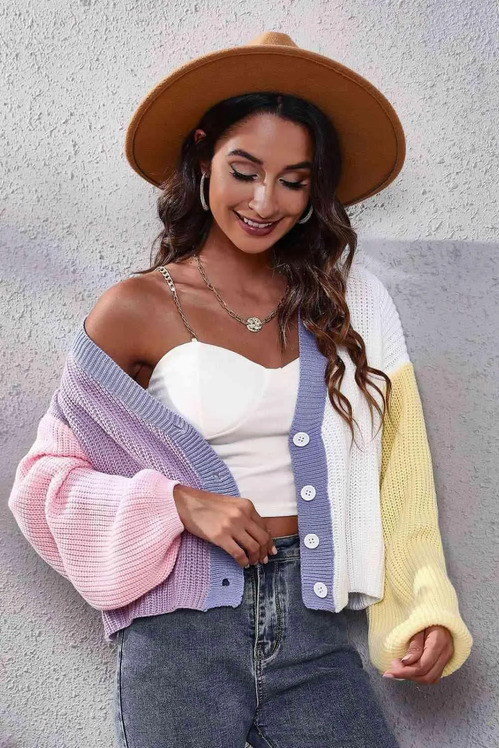 Jazzy Ribbed Knit Buttoned Color Block Cardigan
