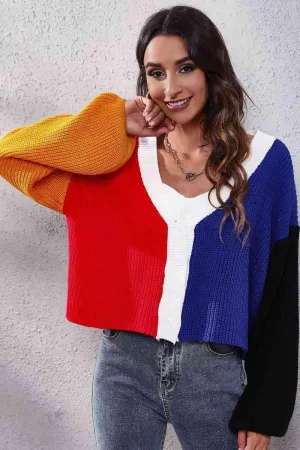 Jazzy Ribbed Knit Buttoned Color Block Cardigan