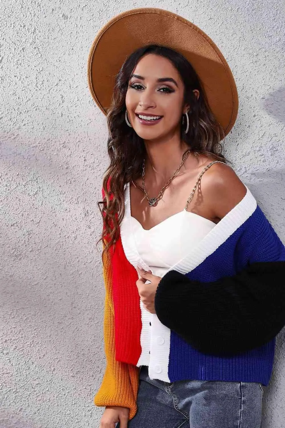Jazzy Ribbed Knit Buttoned Color Block Cardigan