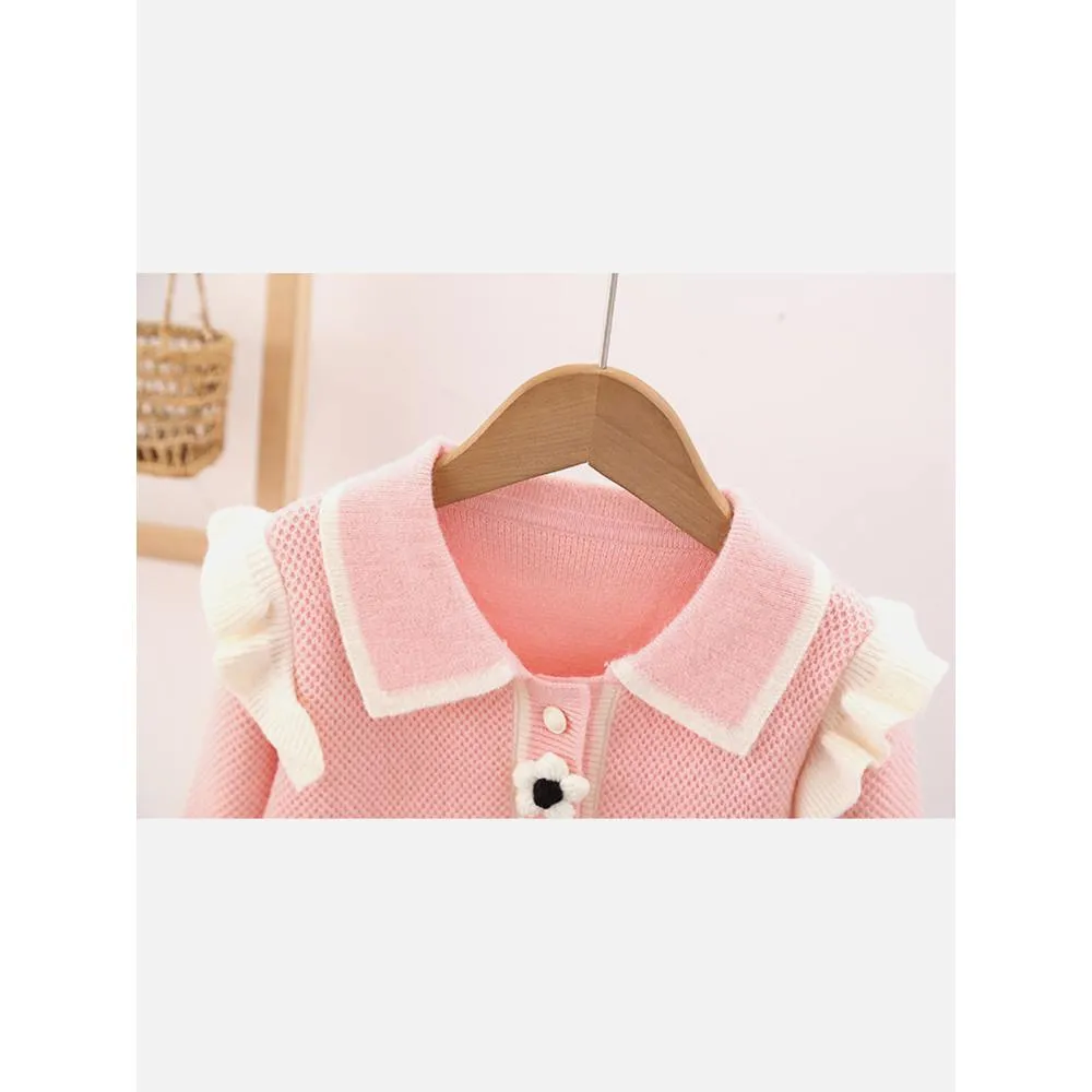 Kids Baby Pink Knitted Cardigan V neck Sweater With Flower Buttons