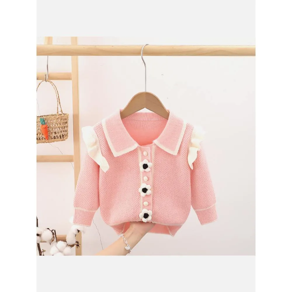 Kids Baby Pink Knitted Cardigan V neck Sweater With Flower Buttons
