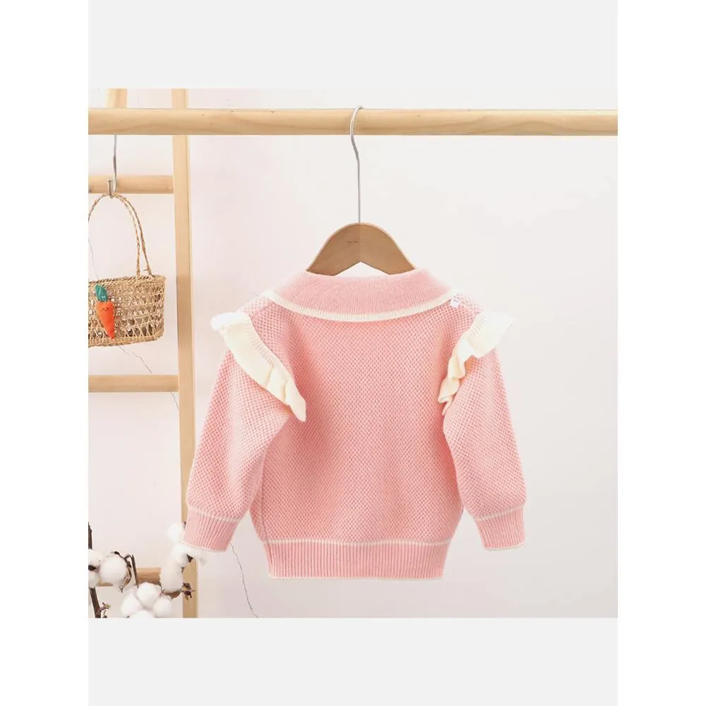 Kids Baby Pink Knitted Cardigan V neck Sweater With Flower Buttons