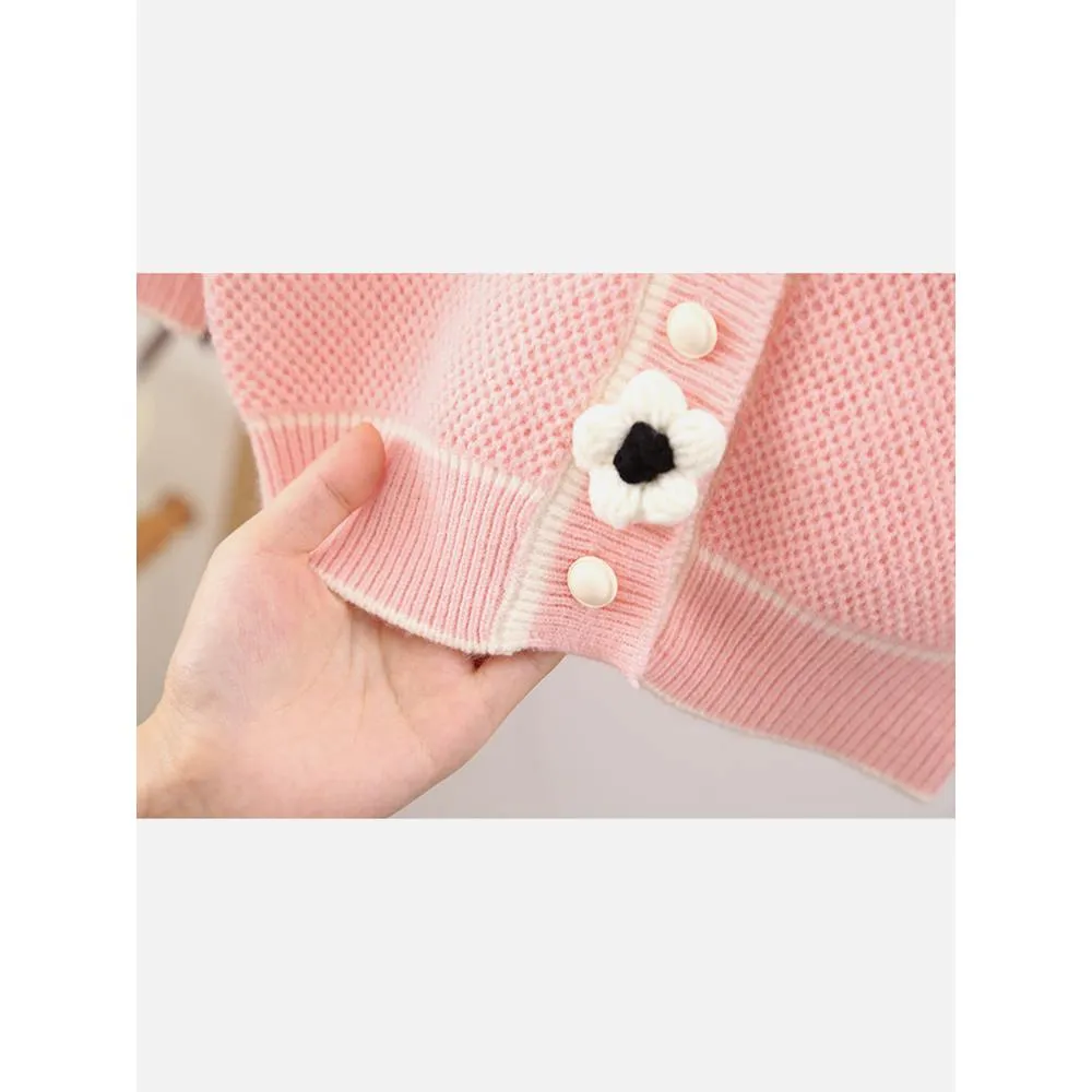 Kids Baby Pink Knitted Cardigan V neck Sweater With Flower Buttons