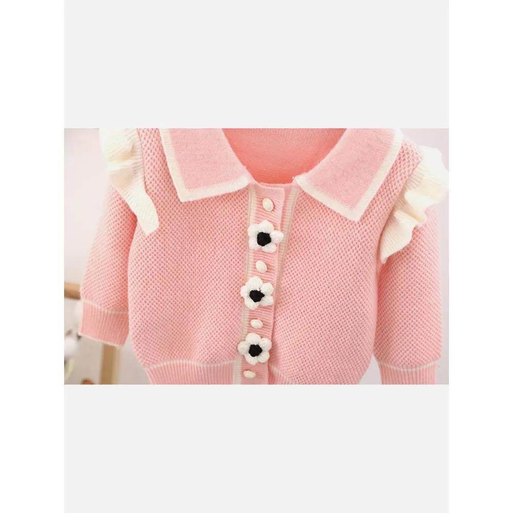 Kids Baby Pink Knitted Cardigan V neck Sweater With Flower Buttons