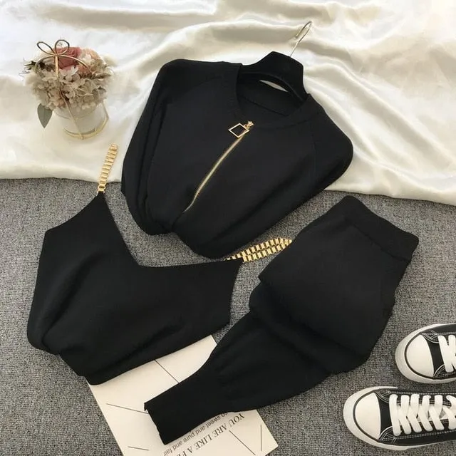 Knitted Long-sleeved Zip Jacket Cardigans   Tank Top  