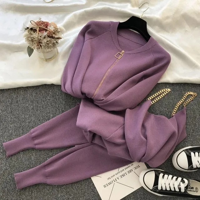 Knitted Long-sleeved Zip Jacket Cardigans   Tank Top  