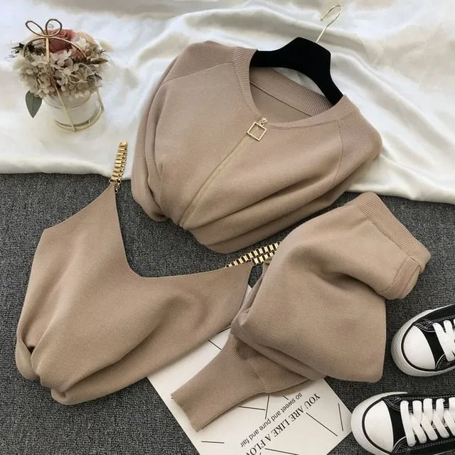 Knitted Long-sleeved Zip Jacket Cardigans   Tank Top  