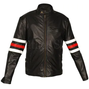 Leather Skin Men Black Premium Genuine Leather Jacket with White & Red sleeve rings