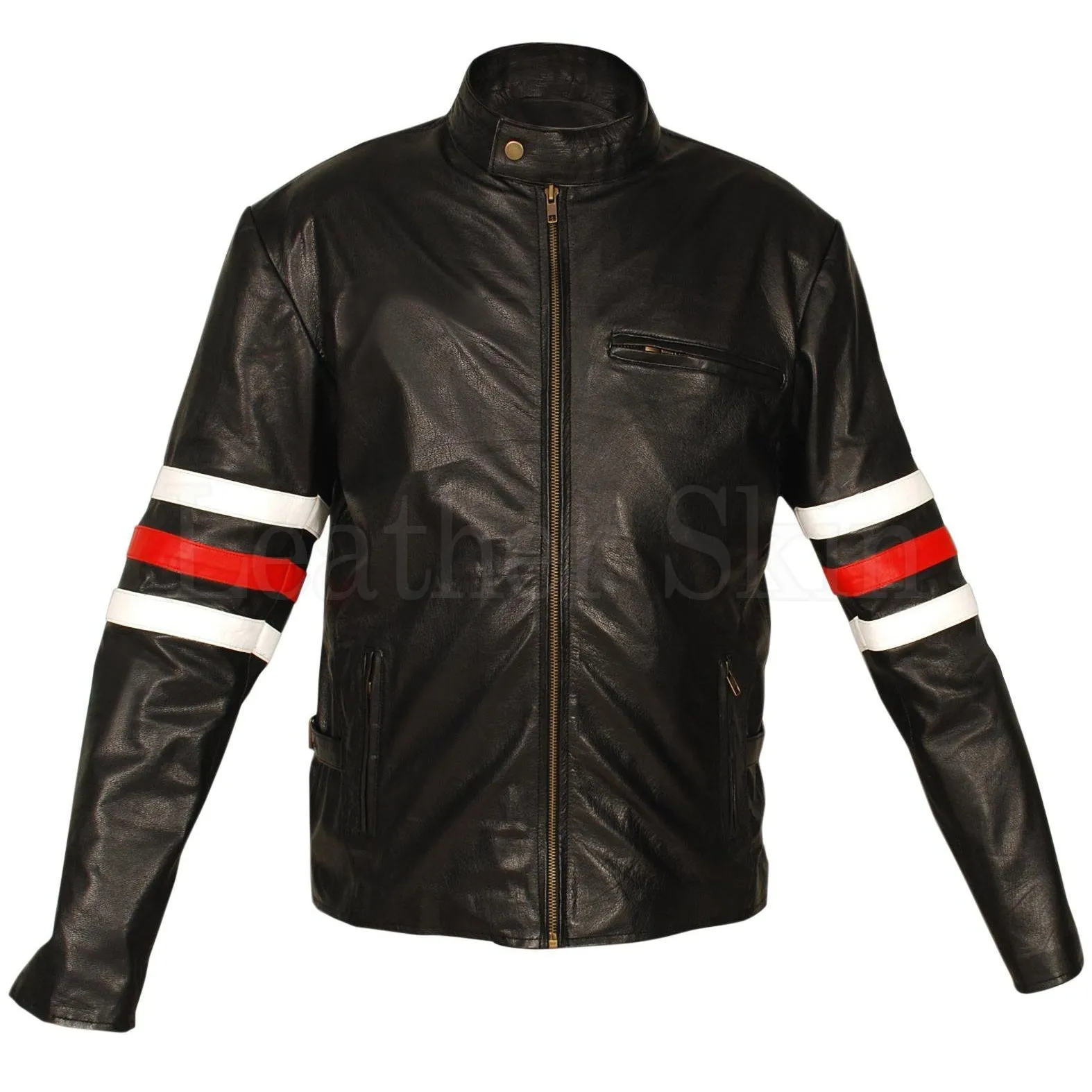 Leather Skin Men Black Premium Genuine Leather Jacket with White & Red sleeve rings