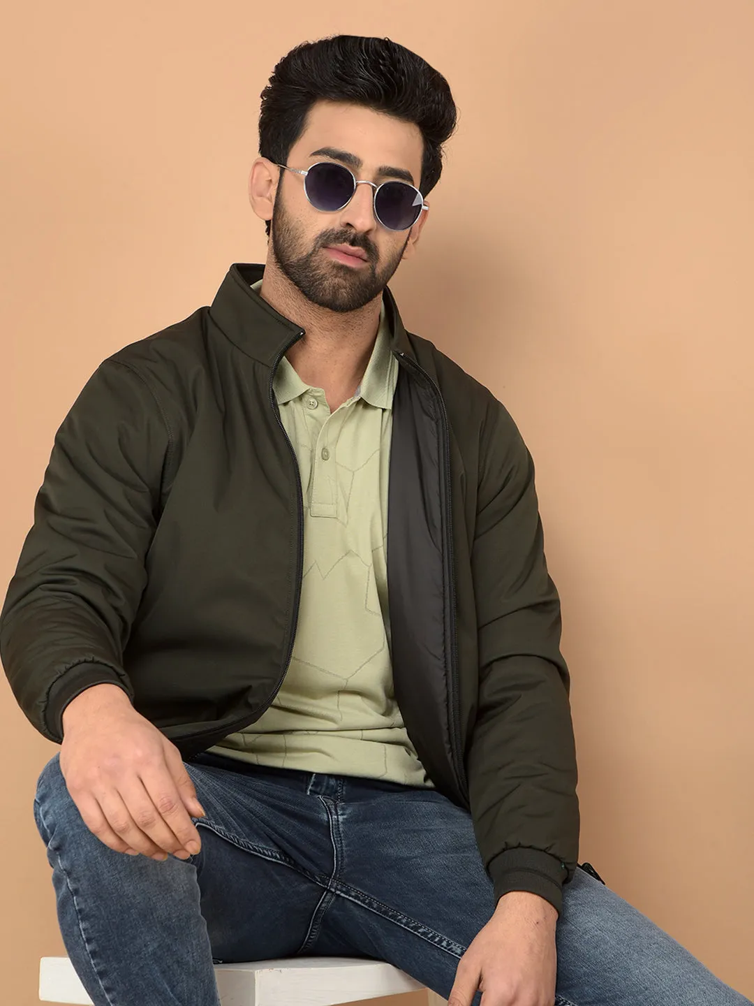 Olive Mock Neck Bomber Reversible Jacket