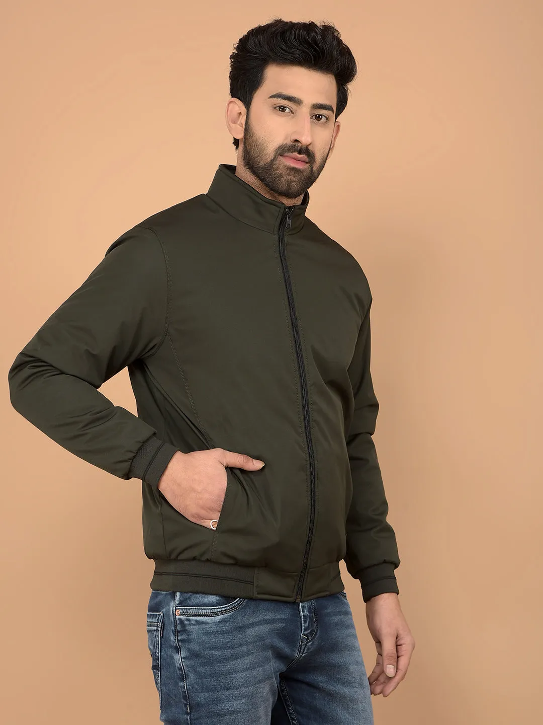 Olive Mock Neck Bomber Reversible Jacket