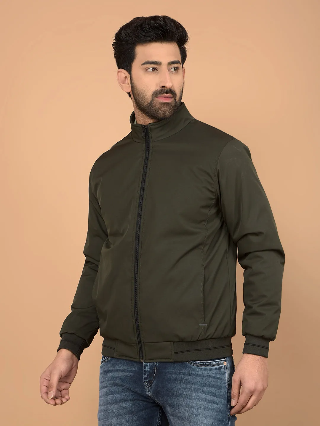 Olive Mock Neck Bomber Reversible Jacket