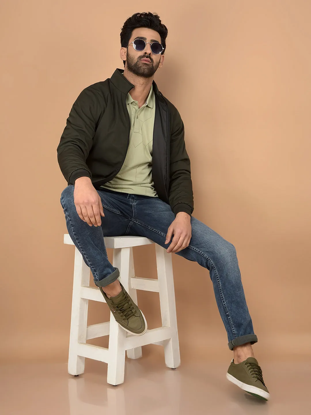 Olive Mock Neck Bomber Reversible Jacket